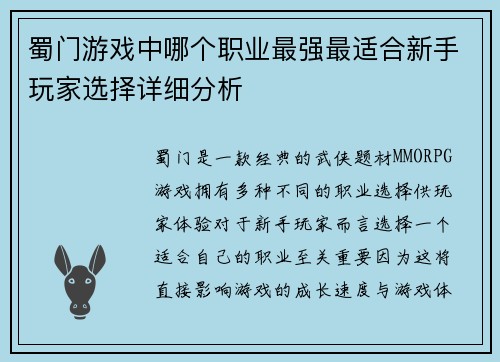 蜀门游戏中哪个职业最强最适合新手玩家选择详细分析