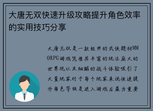 大唐无双快速升级攻略提升角色效率的实用技巧分享