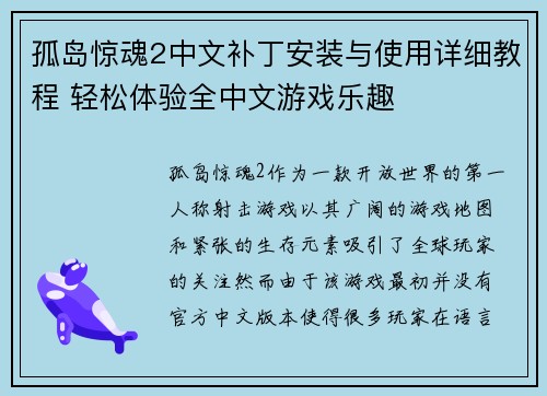 孤岛惊魂2中文补丁安装与使用详细教程 轻松体验全中文游戏乐趣